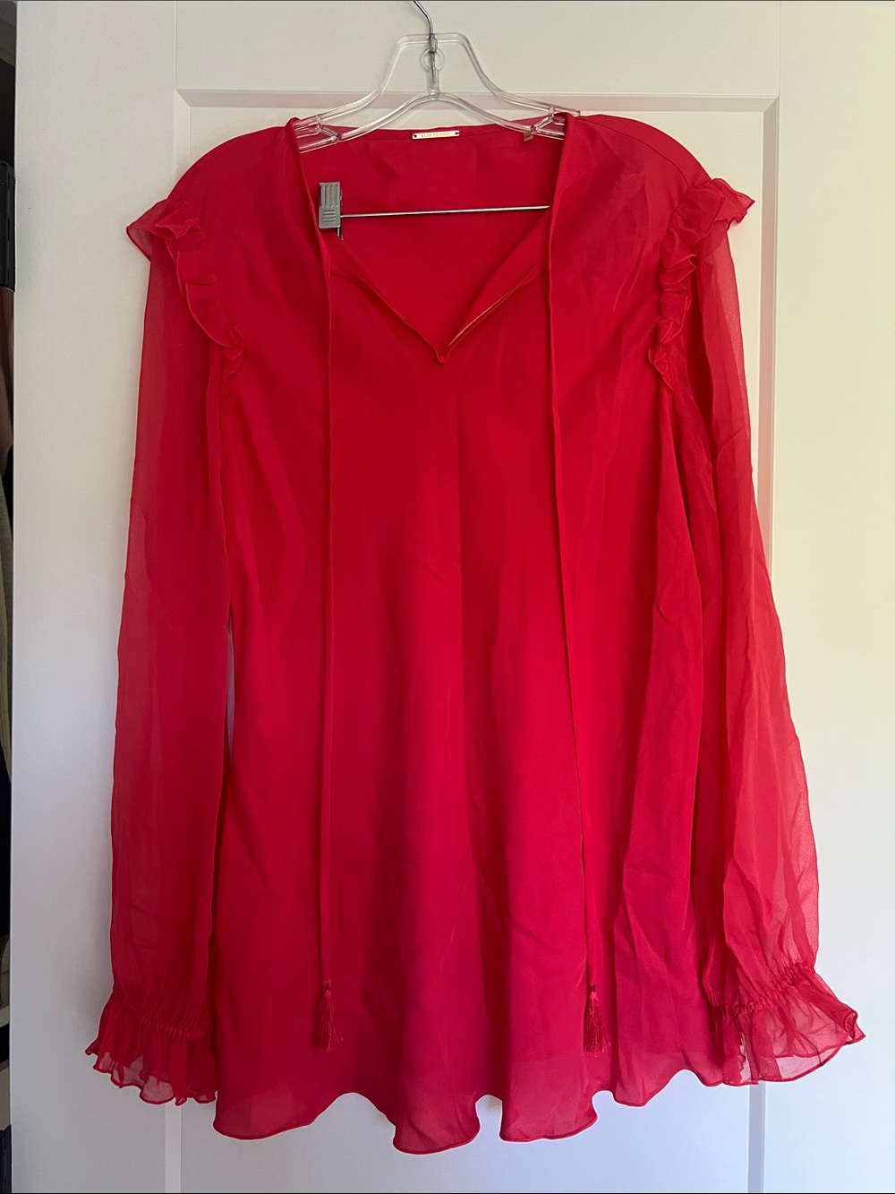 Elie Tahari Red Ruffle-Trim Long Sleeve Blouse